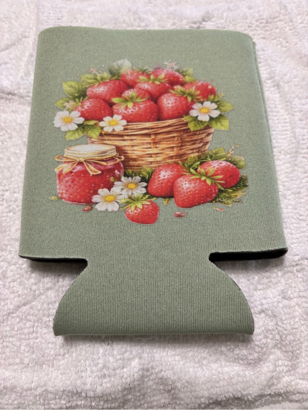 NEW Green Can Cooler with Strawberry Basket Print